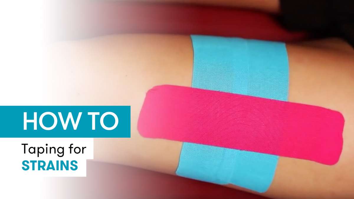 Instruction for kinesiology tape for a muscle strain using the example of the thigh
